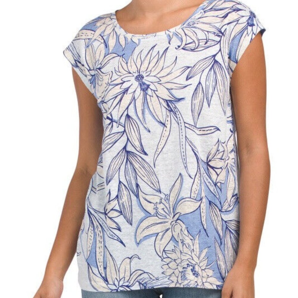 H HALSTON size SMALL Linen Top blouse blue floral print